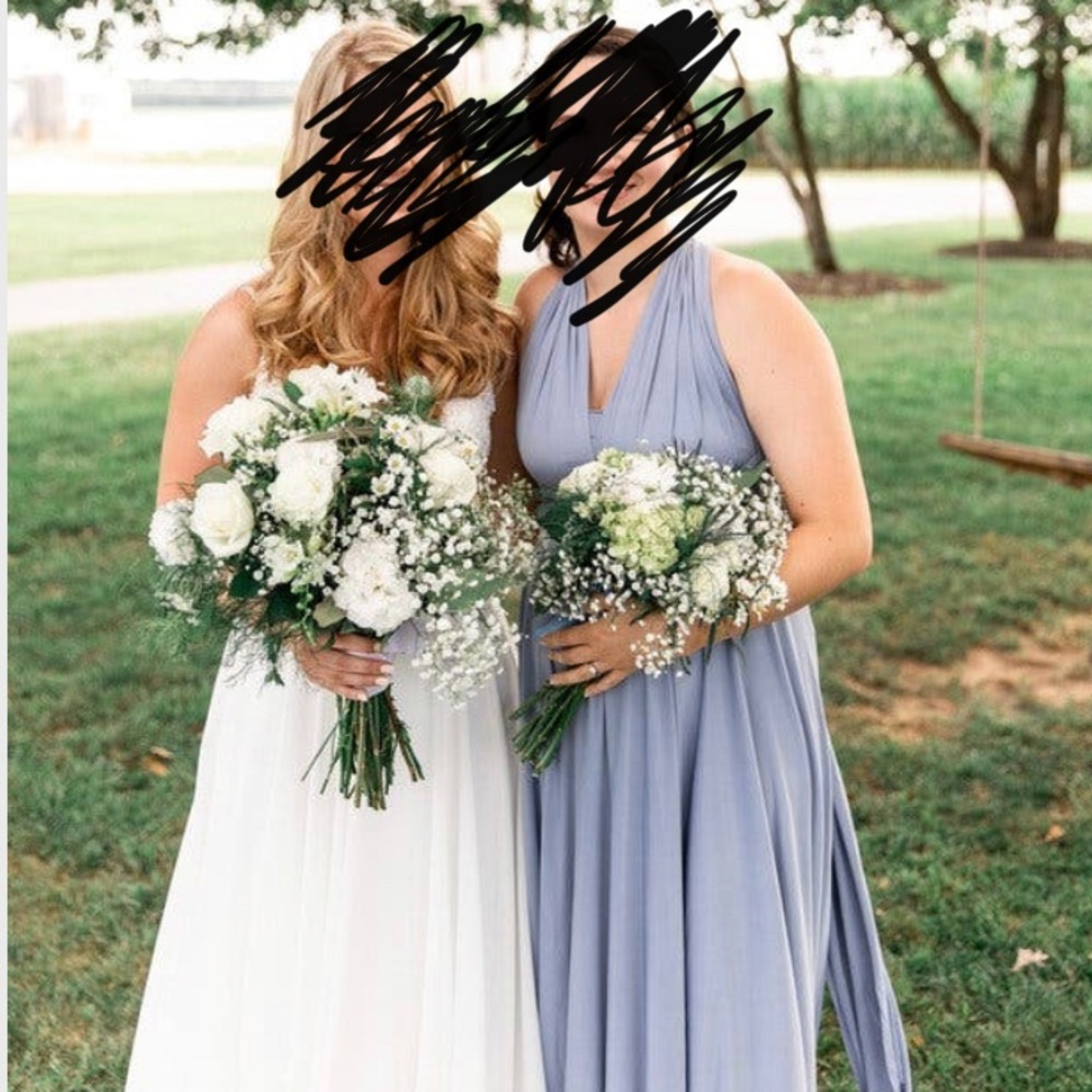Floor length dusty blue infinity dress